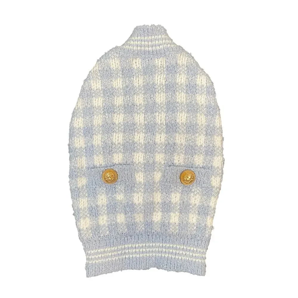 Aqua Pet Plaid Cardigan Dog Coat Sweater Gold Button Cozy Winter Blue White XS